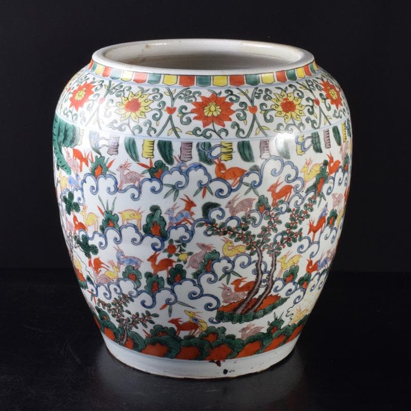 中国　大明萬暦年製　五彩　百鹿文　大壷　M　7312A