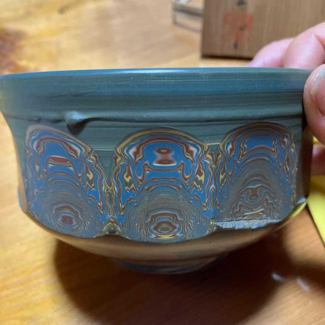 茶道具　茶碗　常滑焼　小西洋平作　 十二角そぎ切りの練り切り　木箱付