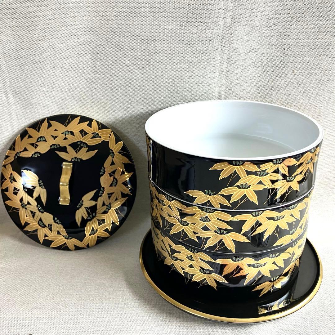 香蘭社 黒釉金笹絵 三段重 新品未使用 桐箱入り