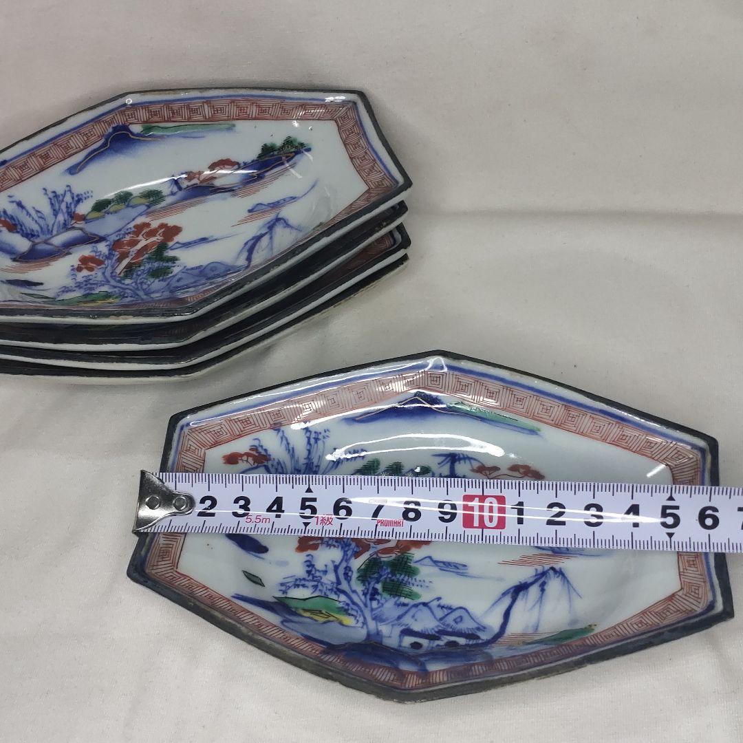 九谷焼六角皿 明治期 色絵 染付山水図 手描き陶芸品 旧家蔵出 アンティーク