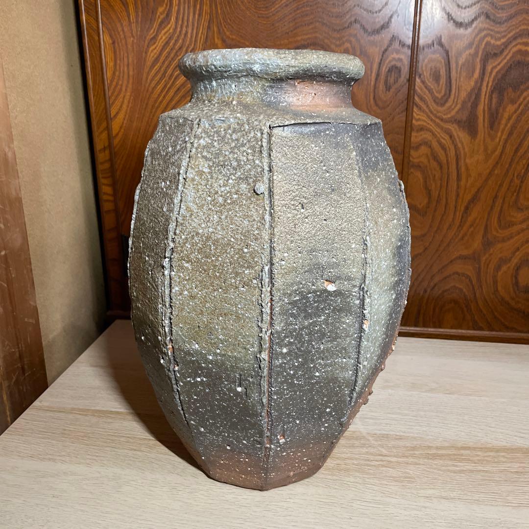 特大優品　人気陶芸家　神山清子　信楽自然釉面取花入　共箱