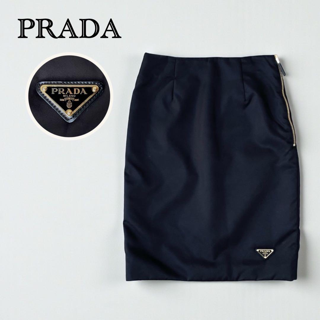 【美品】PRADA プラダ リナイロン ペンシルスカート 三角ロゴプレート 黒