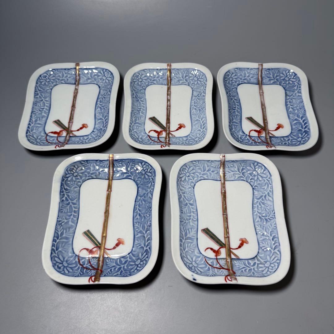 明治時代　有田焼　岩松平吾　色絵軍配形皿　五枚　角岩印　陽刻　珍品　残り僅か