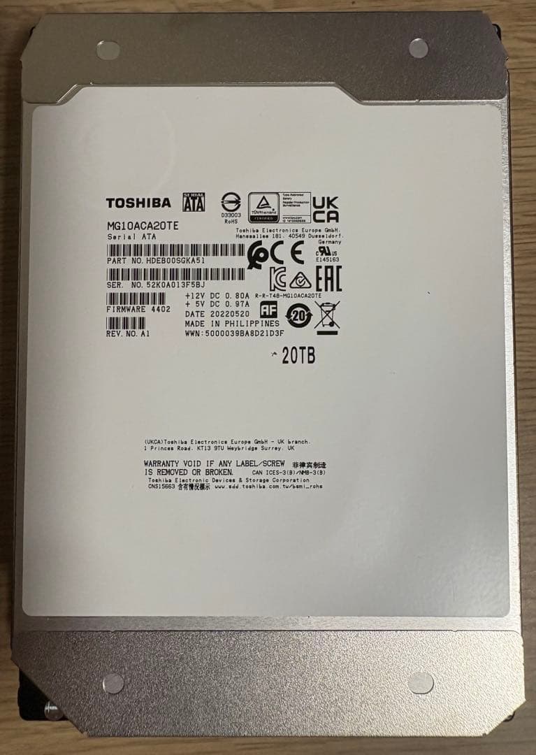 [短時間美品 2個セット 40TB] 大容量HDD 東芝 20TB