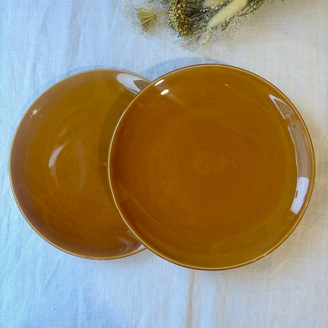 フランスヴィンテージ　サンタマン窯　プレート2点イエローブラウン古道具ブロカント