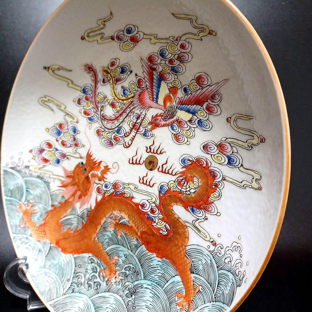 粉彩龍鳳文皿　中国古美術