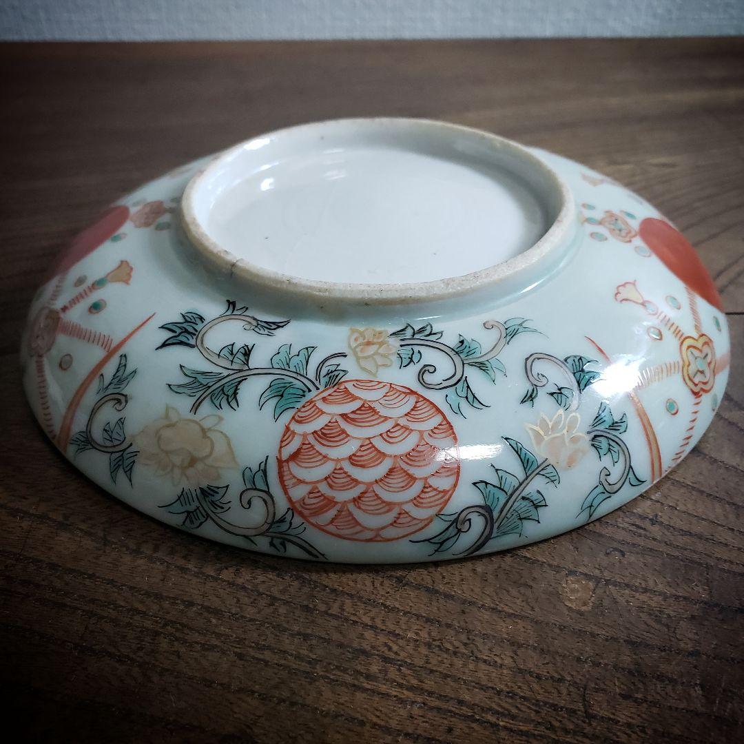 古伊万里　色絵付　中皿　赤絵　薄緑　草文様　希少図　トリアシ　ロ号　明治