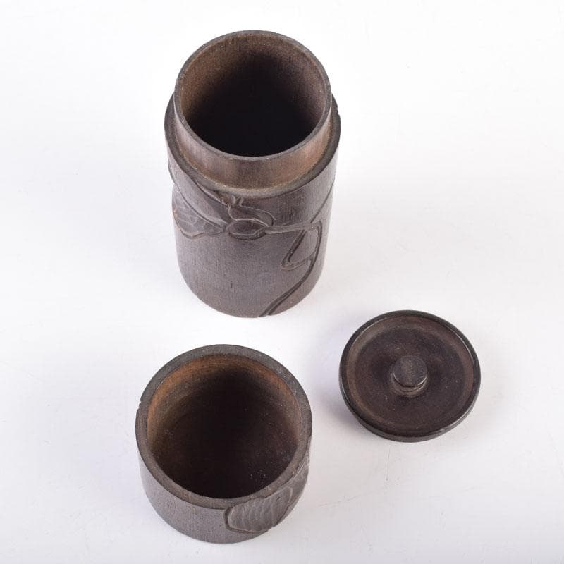 煎茶道具　木彫　椿図　茶筒　V　8508