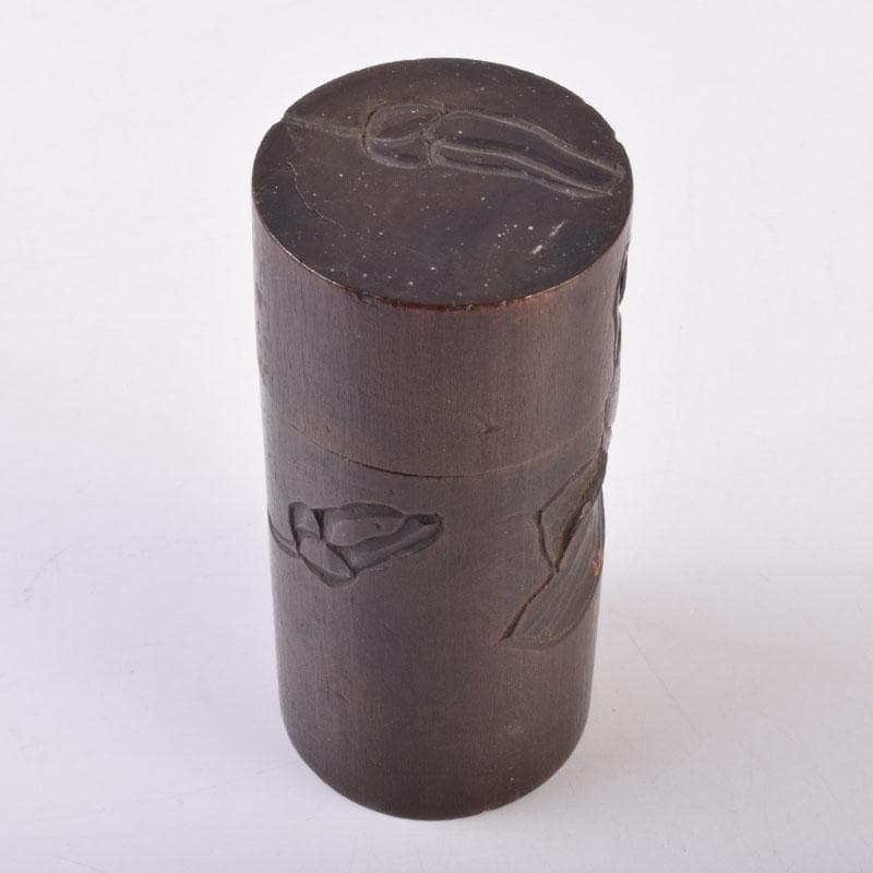煎茶道具　木彫　椿図　茶筒　V　8508