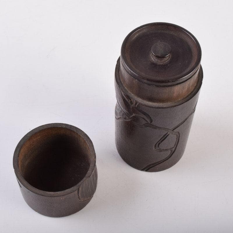 煎茶道具　木彫　椿図　茶筒　V　8508