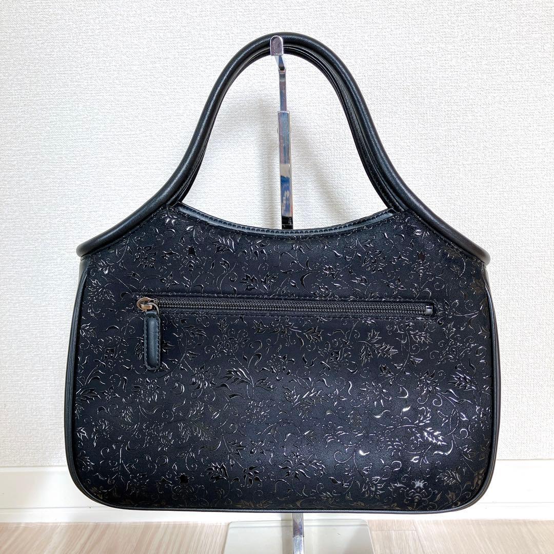印傳屋 ハンドバッグ 黒漆 レザー 鹿革 花唐草 模様 和装 着物 甲州印伝