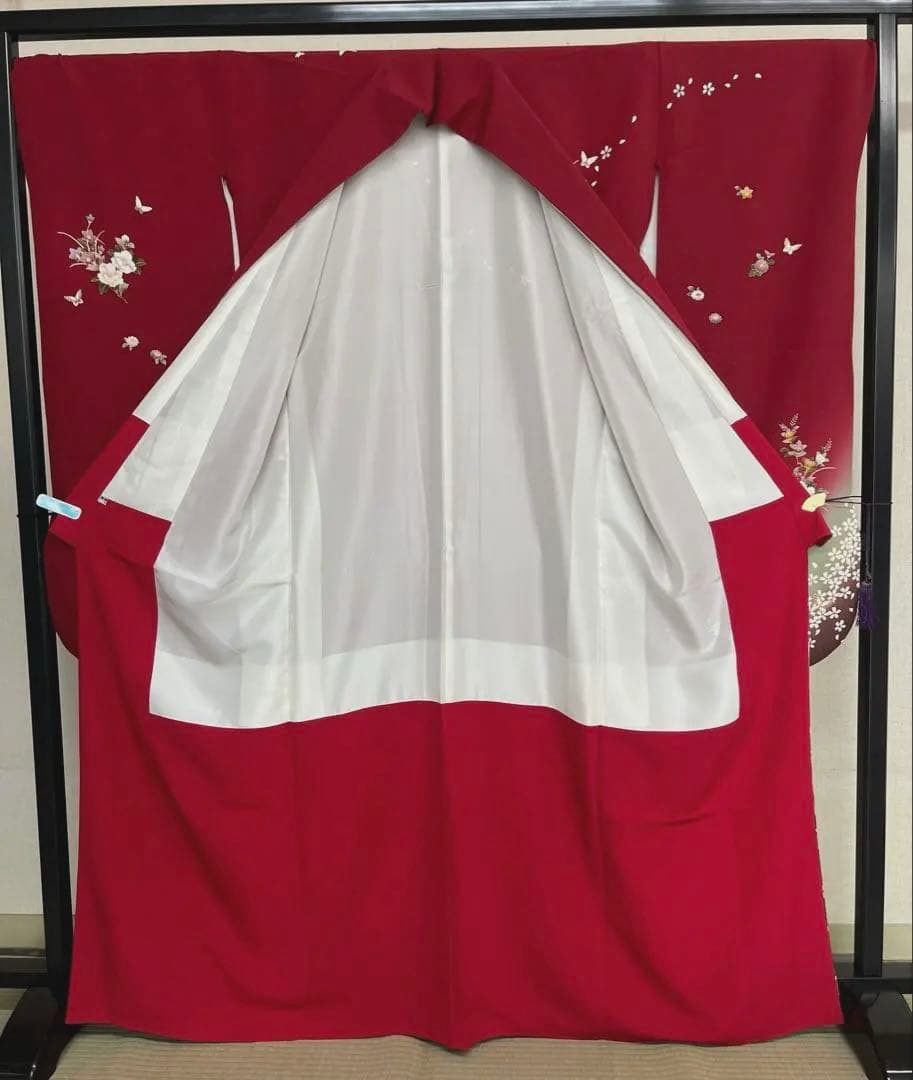 値下げ★ 中古　振袖　仕立て上がり　赤　えんじ色　NO.B12