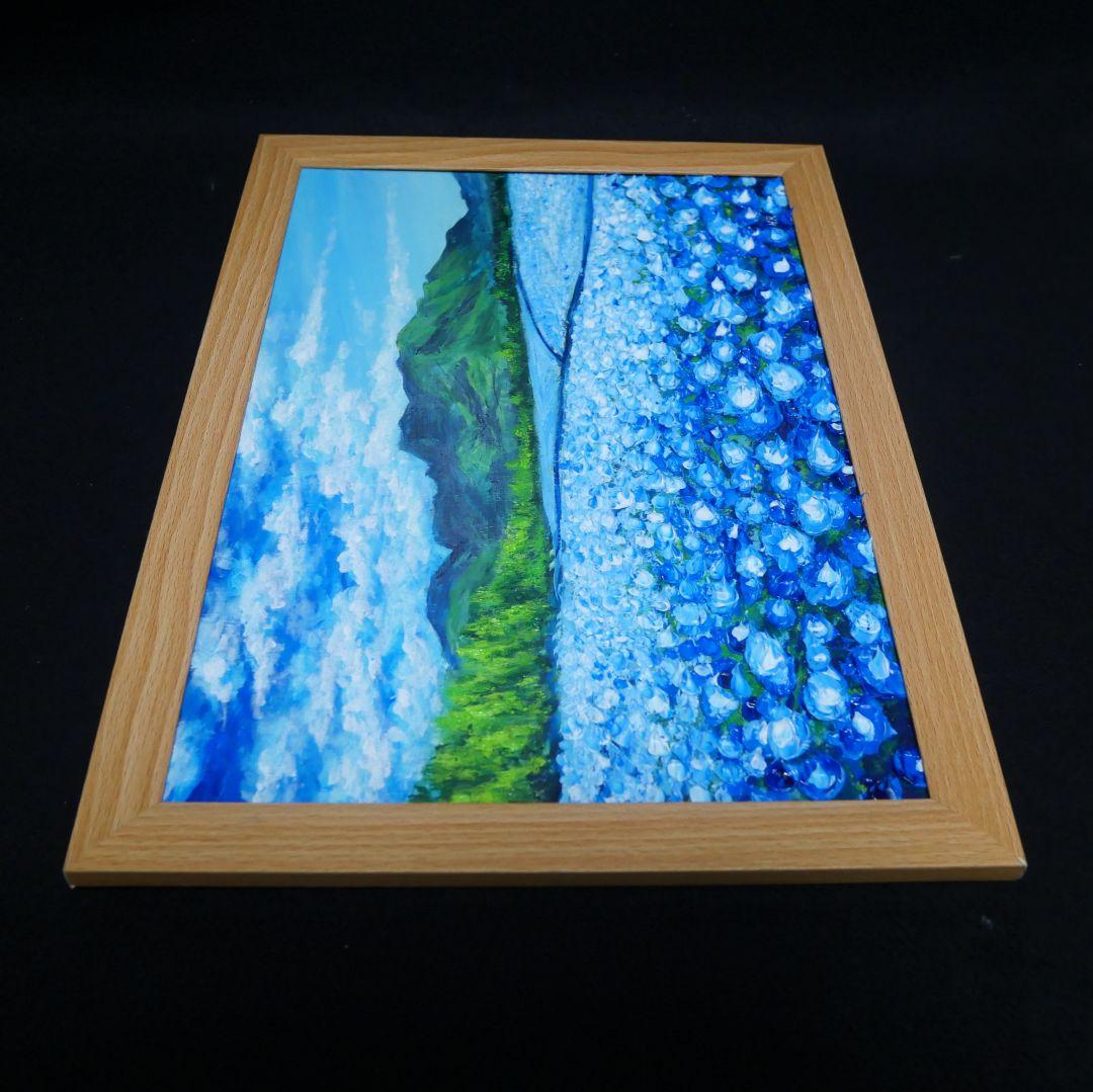 油絵 油彩 油彩画 絵 絵画【くじゅう花公園のネモフィラ畑】