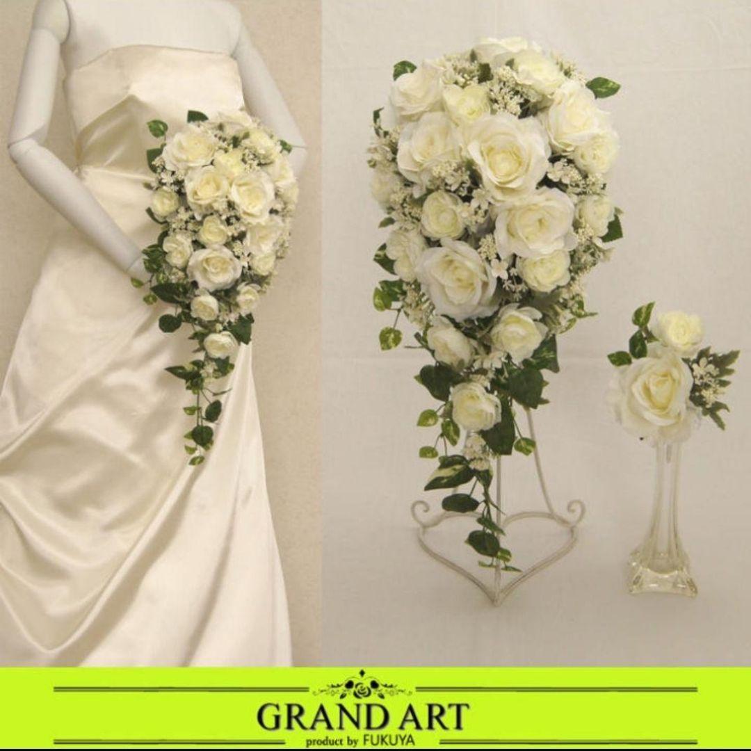 ウェディングブーケ ホワイト 造花 アレンジメント ブートニア 髪飾 スタンド付