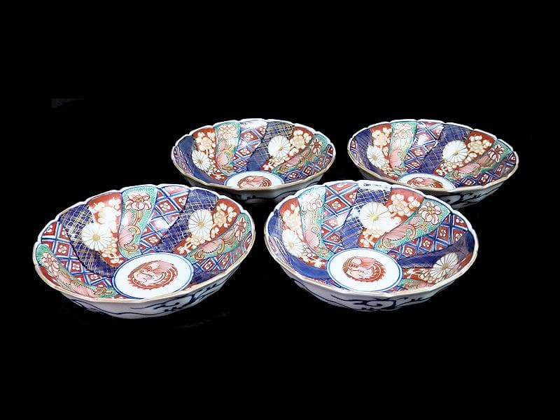 大聖寺伊万里　金襴手　奇玉宝鼎之珍　捻り菊皿　小膾皿４客　C856 AS-CEq