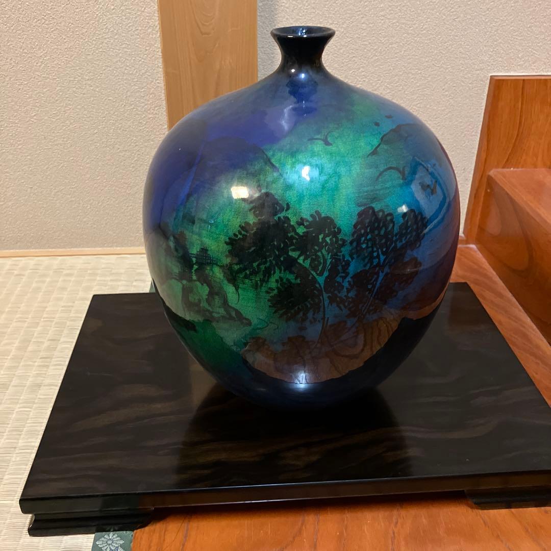 青緑色の風景陶器花瓶　　作家物　清水焼