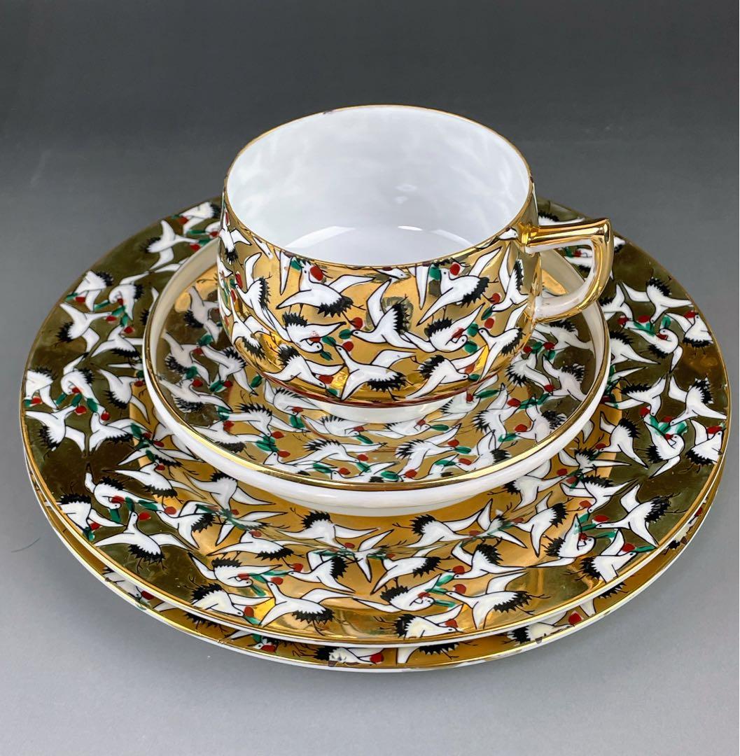 【希少】九谷焼 1000クレーン 鶴 カップ ソーサー 2プレート セット