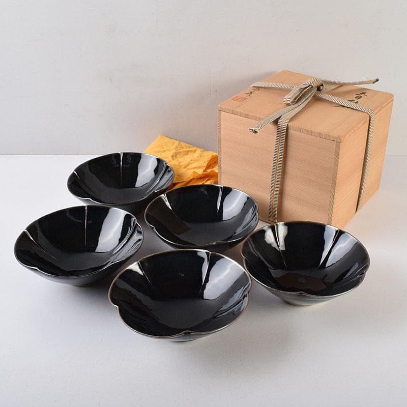 和食器　常滑焼　轍窯　久田重義作　天目組鉢　五客　共布共箱　V　R9221