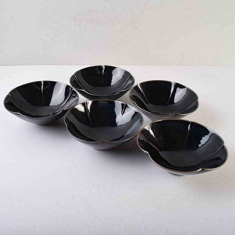 和食器　常滑焼　轍窯　久田重義作　天目組鉢　五客　共布共箱　V　R9221