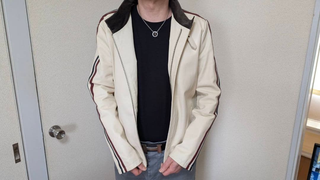 アイボリー ストライプ シングルライダースジャケット