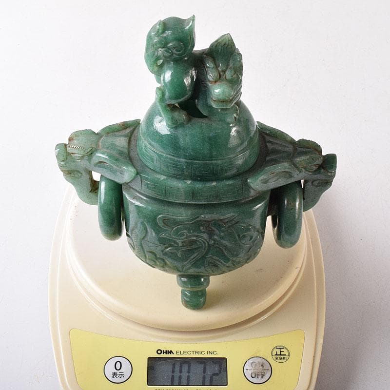 中国　玉石翡翠彫刻　雙耳活環　獅子鈕蓋爐　香炉　V　R8792