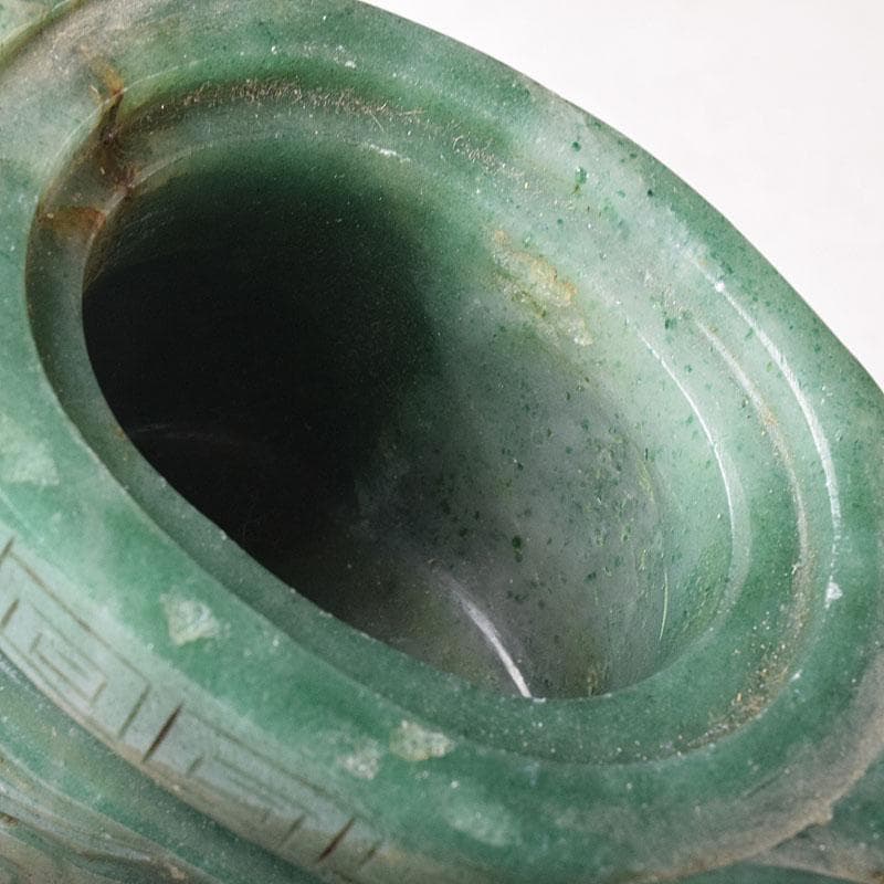 中国　玉石翡翠彫刻　雙耳活環　獅子鈕蓋爐　香炉　V　R8792