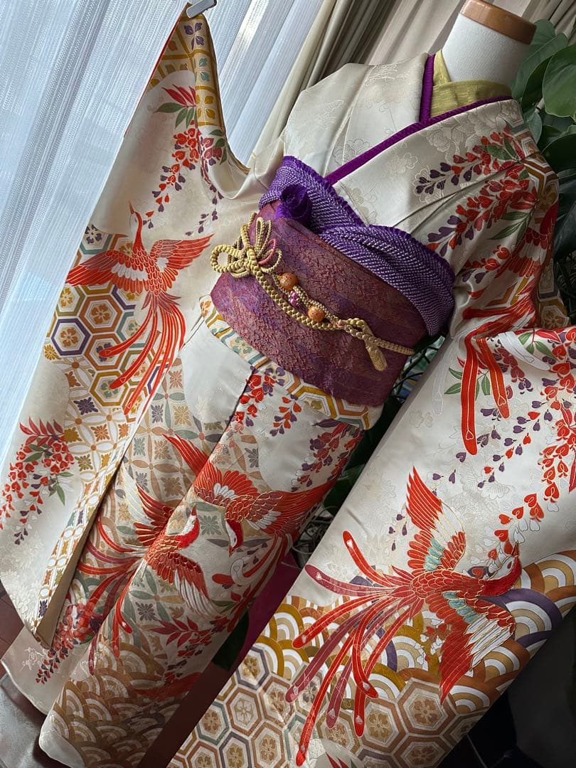 excite 振袖&袴フルセット クリームホワイト アイボリー 鳳凰 金駒