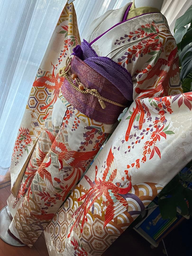 excite 振袖&袴フルセット クリームホワイト アイボリー 鳳凰 金駒