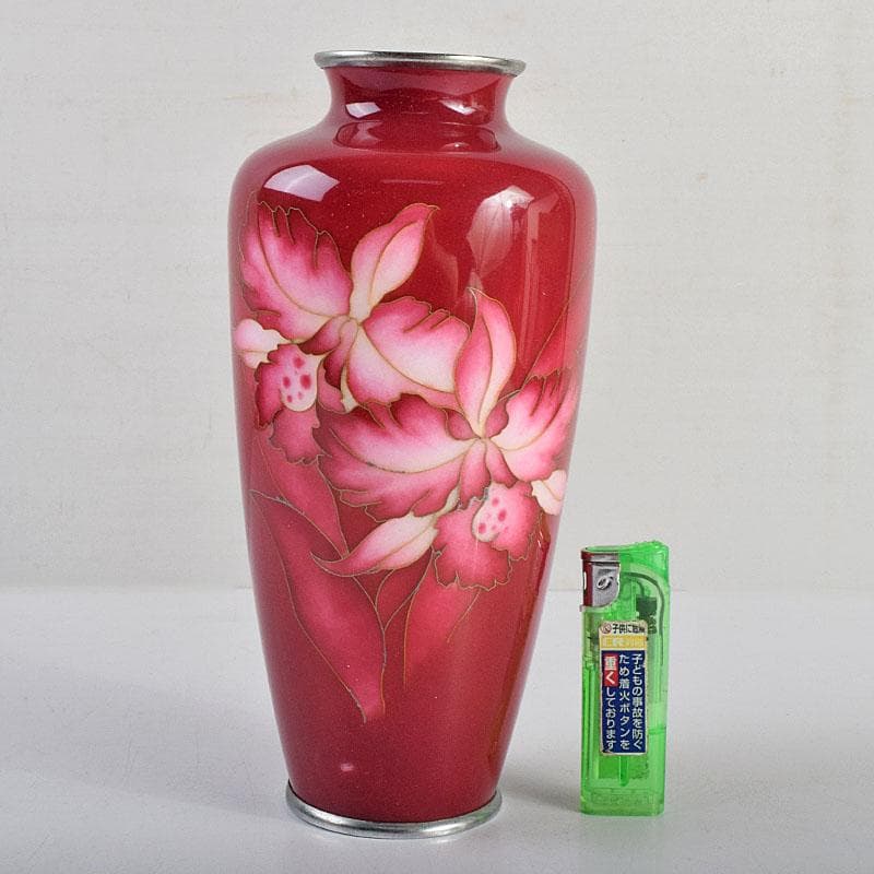 七宝焼　田村七宝工芸　カトレア文　花瓶　共箱　V　R9421