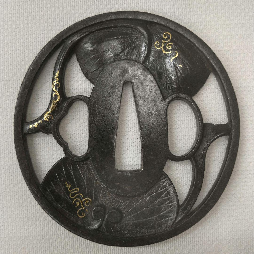 時代鍔 在銘 越前住記内作 葵図 大小 共箱付き 記内鍔 鐔 鍔