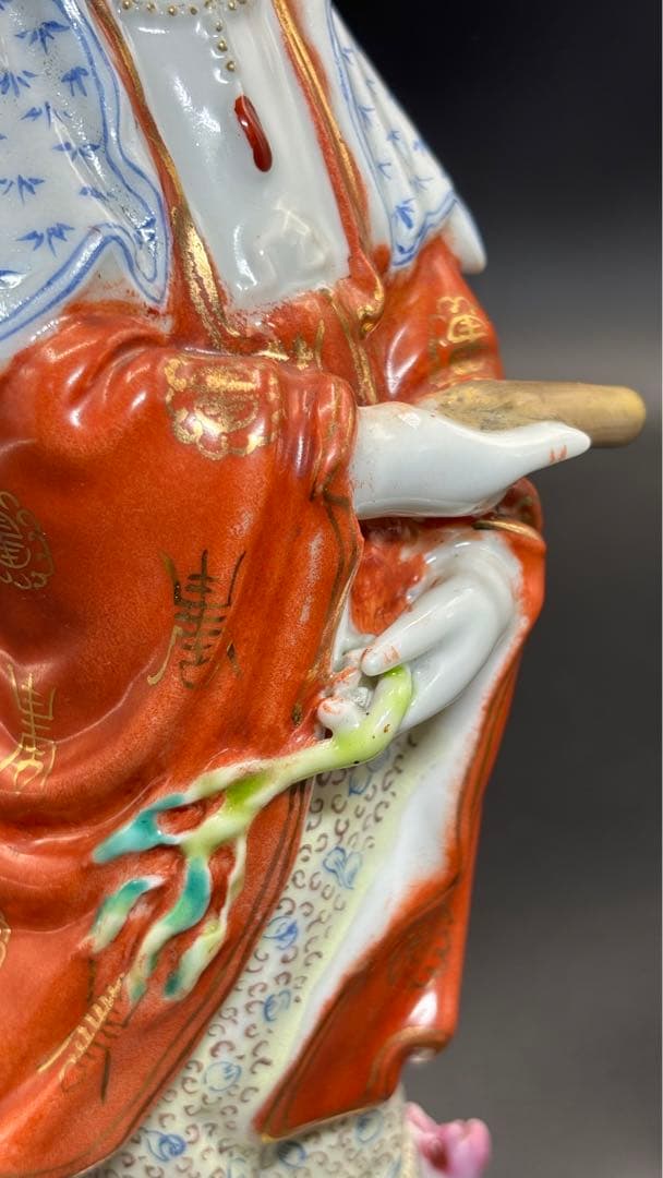 004 中国美術 色絵陶人形 高さ25cm 置物 オブジェ 古董品 觀音像