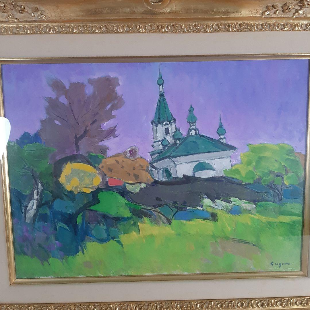 No4605 額装　菅野矢一「教会の春」油彩画　直筆サイン　箱付　絵画　送料無料