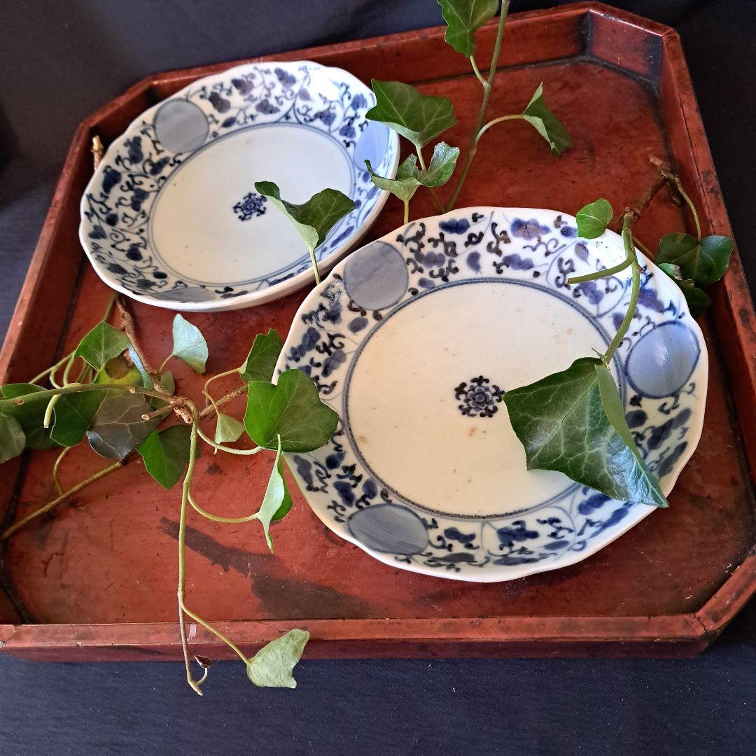 「花唐草と丸文絵皿(直径17.5cm） モダンデザイン！」染付皿4客セット 骨董