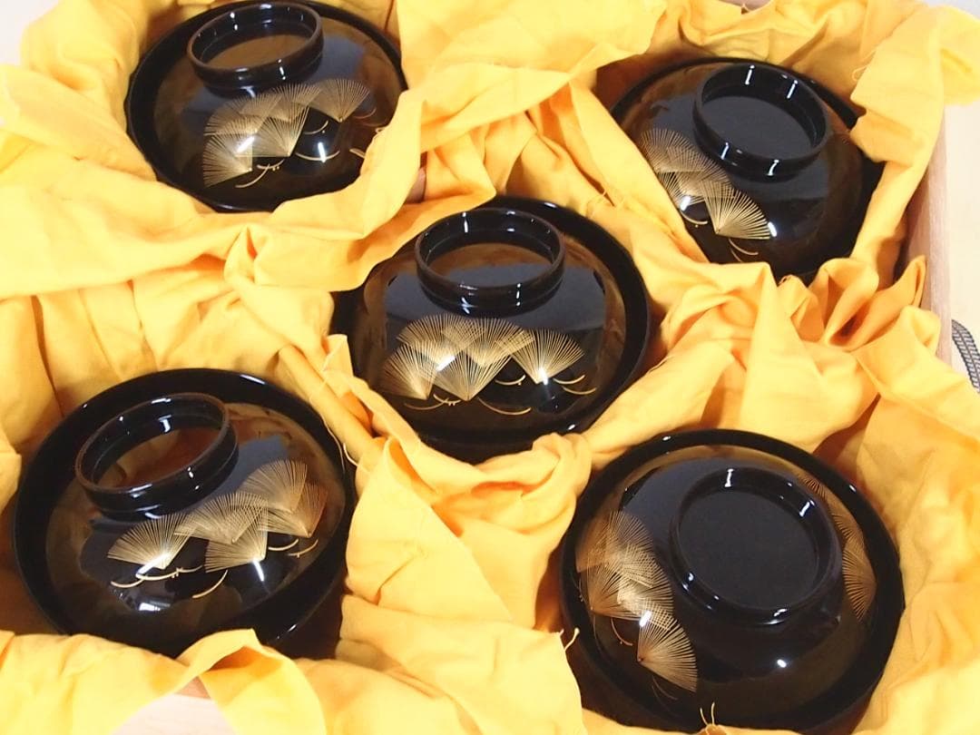 【未使用】輪島塗 五島屋謹製 西岡勇人作 寿松沈金 煮物椀 5客 雑煮椀/大椀