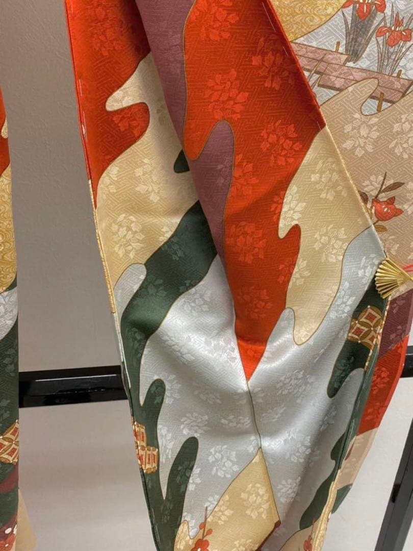 藤井寛 落款入 振袖 未仕立て品 仮絵羽 鶴 七宝繋ぎ 金駒 金彩 紋意匠 正絹