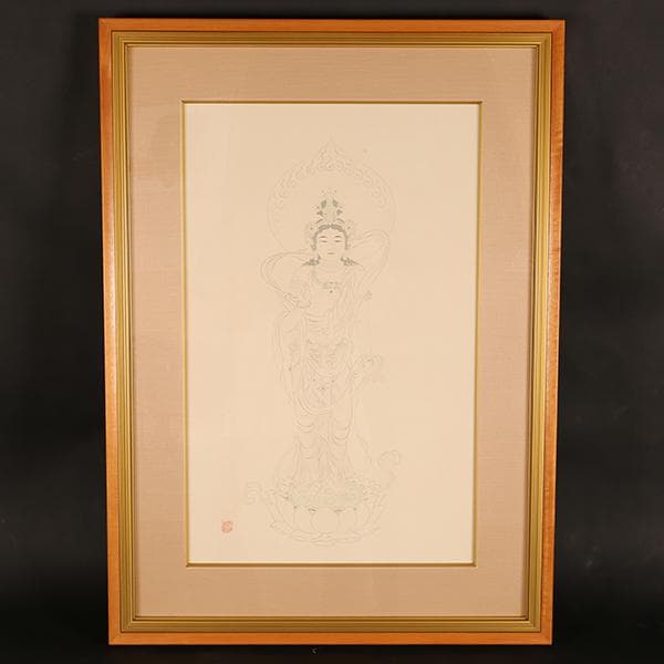 【岩崎甚一郎】　仏画　「菩薩」　仏教美術　【絵画・共シール・作家落款】