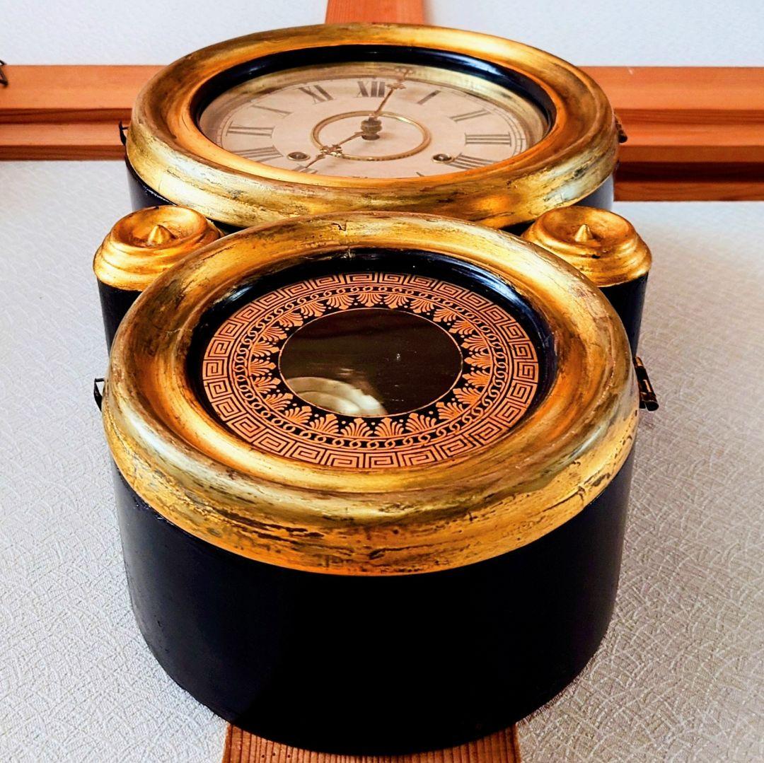 〈OH済完動美品〉ANSONIA　小型金箔本四ツ丸達磨ゼンマイ振り子掛け時計