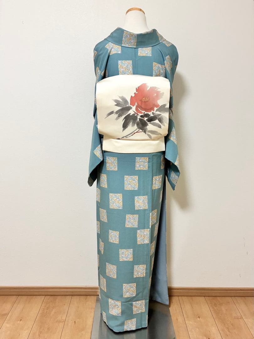 袷　小紋　苺の千代紙　裄70cm 正絹　半衿おまけ付き