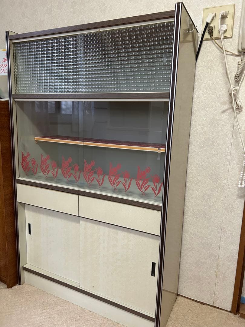 昭和レトロ ガラス扉収納棚 水屋　食器棚　引き取り可能