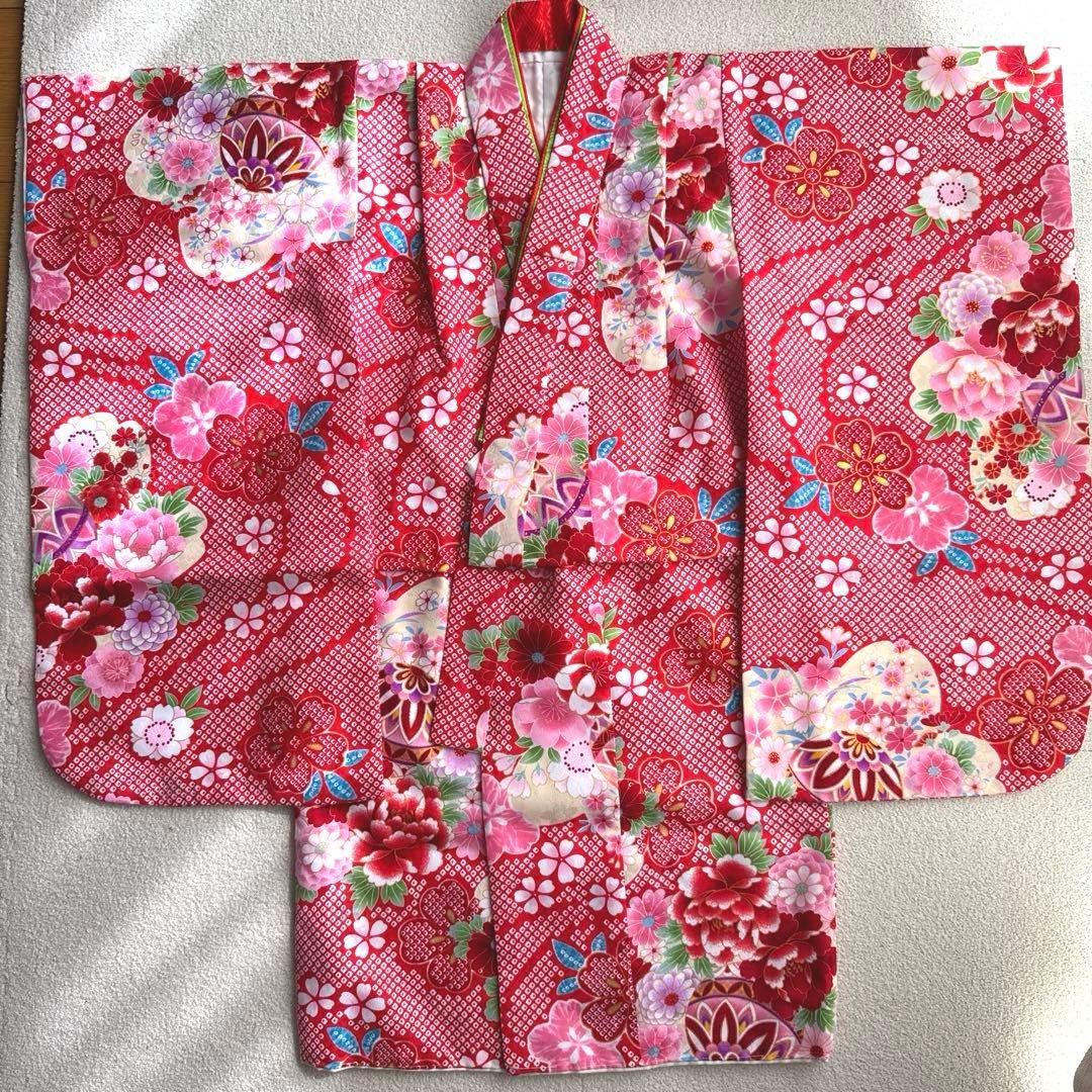 【七五三 3歳 女の子】京都花ひめ 8点フルセット 被布疋田柄 赤白ピンク