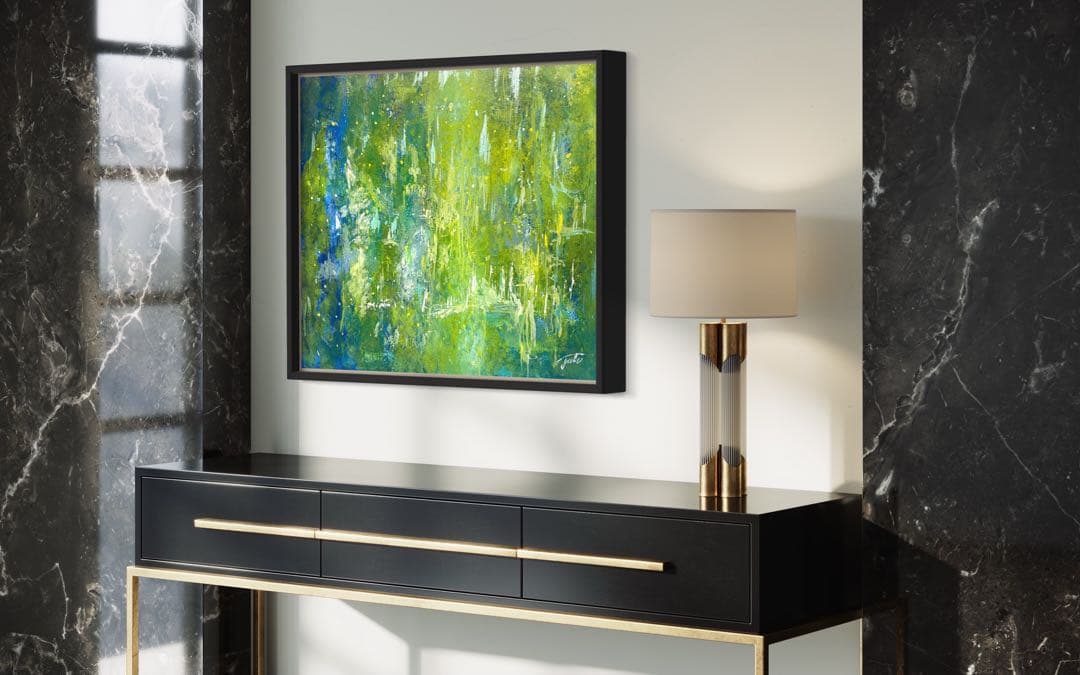 原画　73×60cm「美しき緑の星」現代アート　額縁付