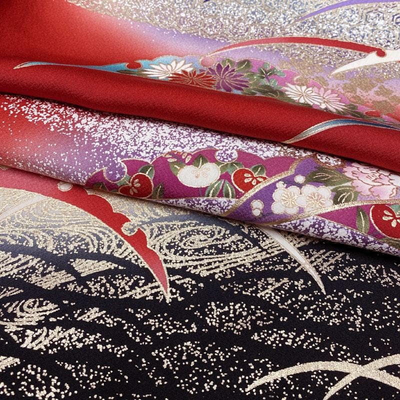 502aj5◎振袖＆袋帯 帯揚げ 帯締め 重ね衿 古典柄 雪輪 金彩 成人式◎