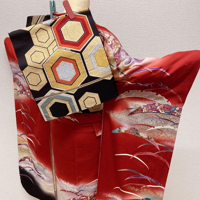 502aj5◎振袖＆袋帯 帯揚げ 帯締め 重ね衿 古典柄 雪輪 金彩 成人式◎