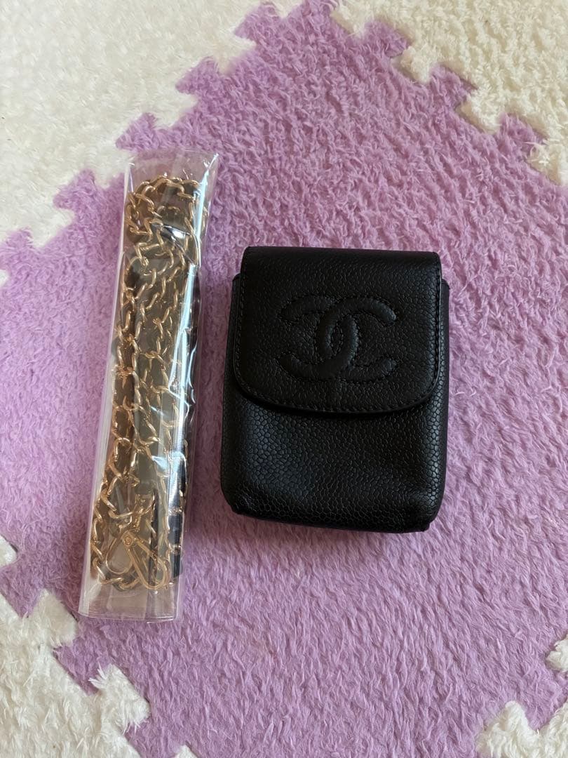 CHANEL ブラックレザーポーチ シガレットケース チェーン付き