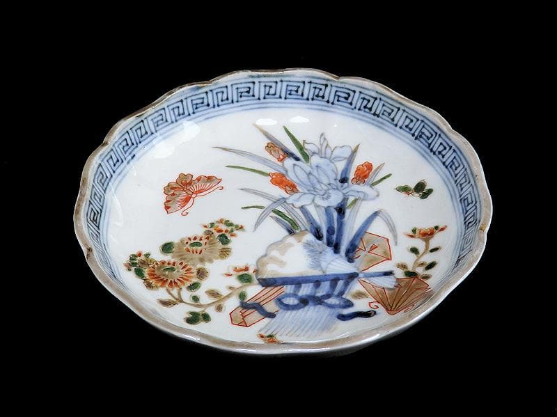 古伊万里　染錦　菖蒲に菊の図　４寸半皿　４客　D869AS-BXp