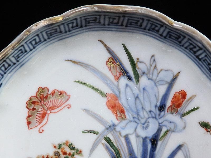 古伊万里　染錦　菖蒲に菊の図　４寸半皿　４客　D869AS-BXp