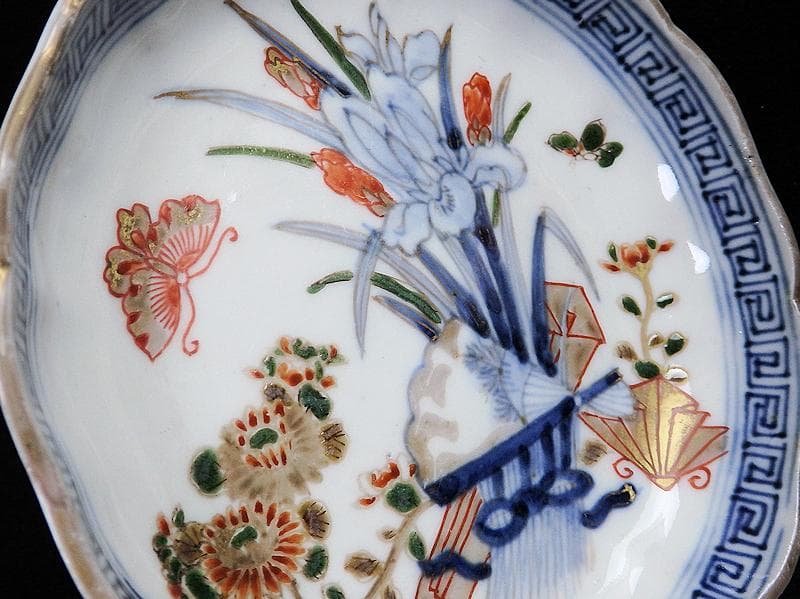 古伊万里　染錦　菖蒲に菊の図　４寸半皿　４客　D869AS-BXp