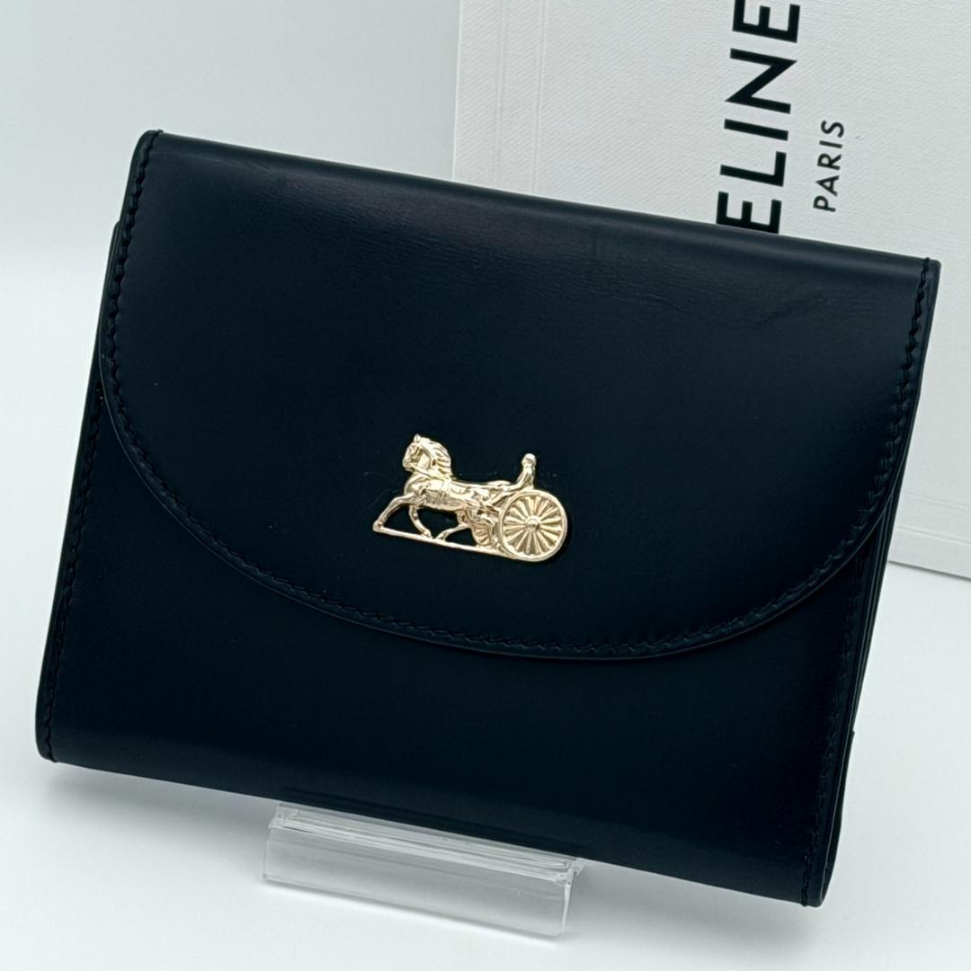 CELINE セリーヌ 馬車金具 がま口 三つ折り財布 ブラック レザー
