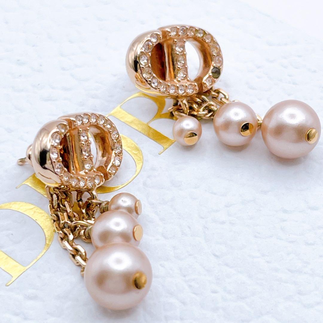 Christian Dior ピアス　ネイビー　パール　トリプル　ピンクゴールド