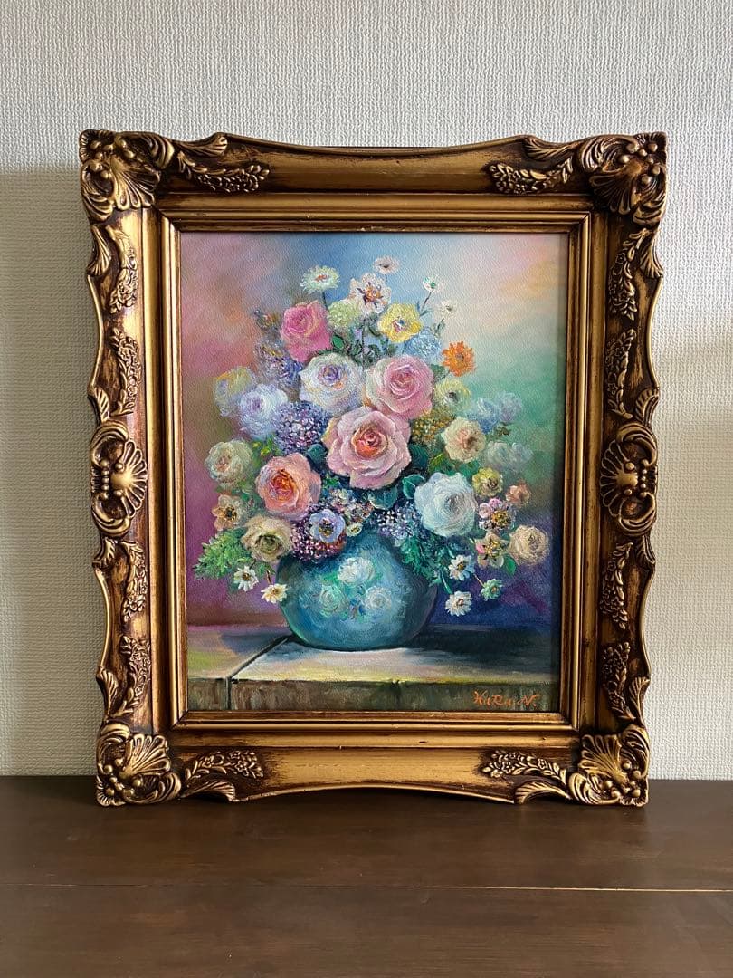 HaRu 薔薇 花 花瓶 1点物 真作 原画 絵画 油絵 ♪ アンティーク 額縁